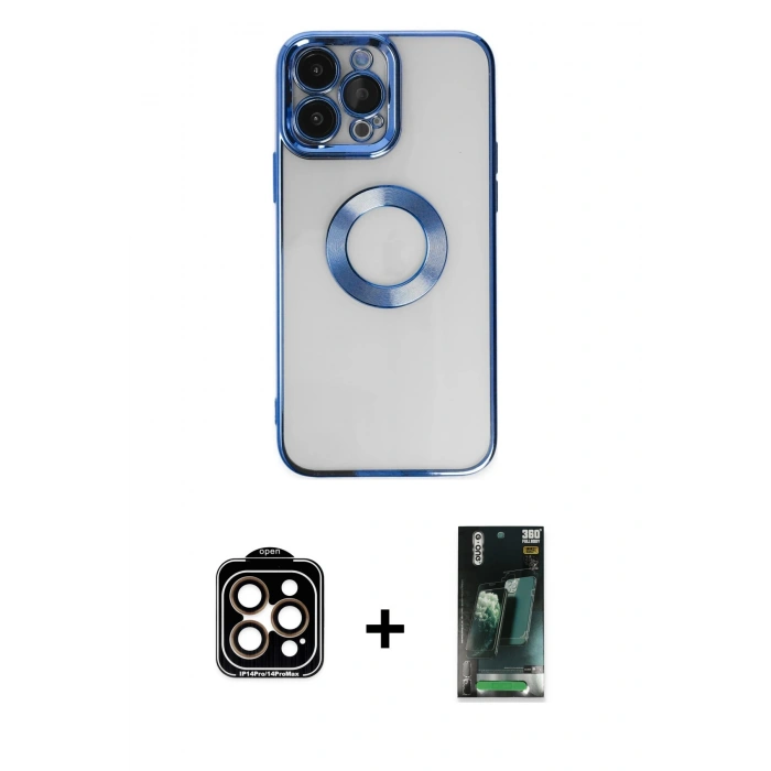 MARSİLYAN™- iPhone 14 Pro Max Kılıf Pusula Form - Şeffaf 360 Full Body Arka Koruyucu + PVD Metal Kamera Lens - TU