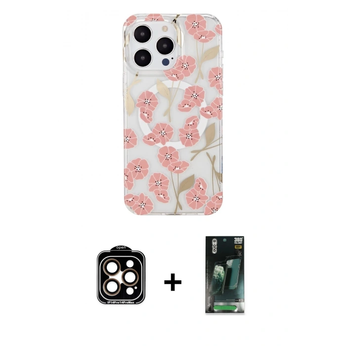 MARSİLYAN™- iPhone 14 Pro Max Kılıf Pusula Form - Şeffaf 360 Full Body Arka Koruyucu + PVD Metal Kamera Lens - TU