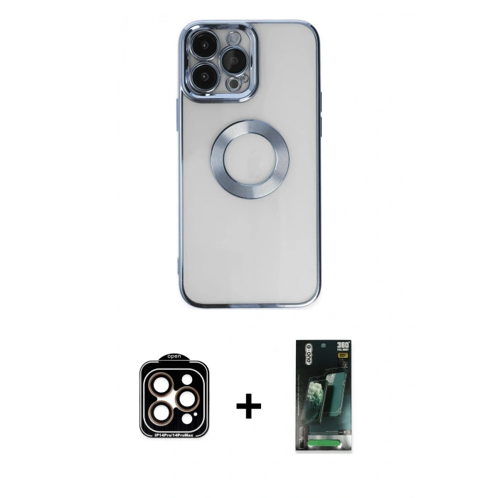 MARSİLYAN™- iPhone 14 Pro Max Kılıf Pusula Form - Şeffaf 360 Full Body Arka Koruyucu + PVD Metal Kamera Lens - TU