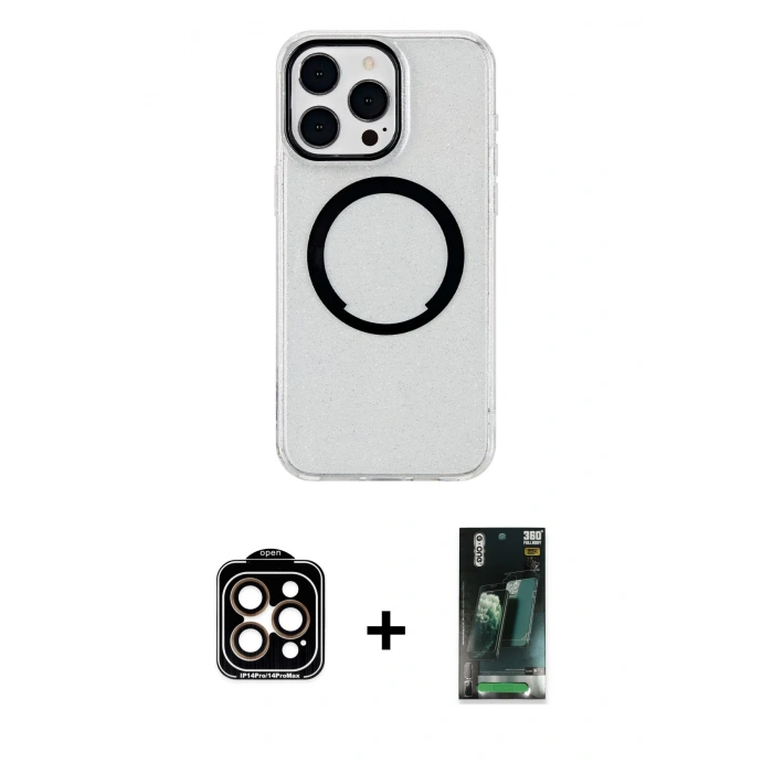 MARSİLYAN™- iPhone 14 Pro Max Kılıf Pusula Form - Şeffaf 360 Full Body Arka Koruyucu + PVD Metal Kamera Lens - TU