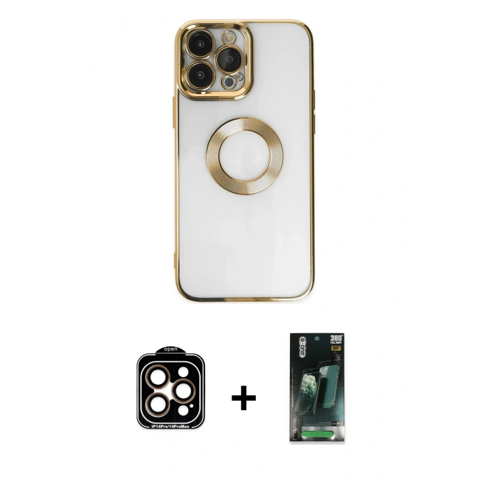 MARSİLYAN™- iPhone 14 Pro Max Kılıf Pusula Form - Şeffaf 360 Full Body Arka Koruyucu + PVD Metal Kamera Lens - TU