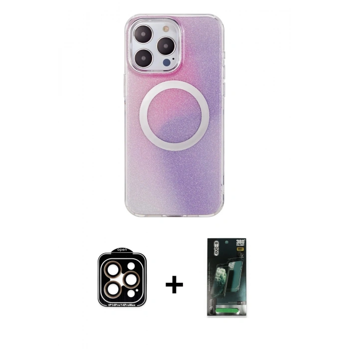 MARSİLYAN™- iPhone 14 Pro Max Kılıf Pusula Form - Şeffaf 360 Full Body Arka Koruyucu + PVD Metal Kamera Lens - TU