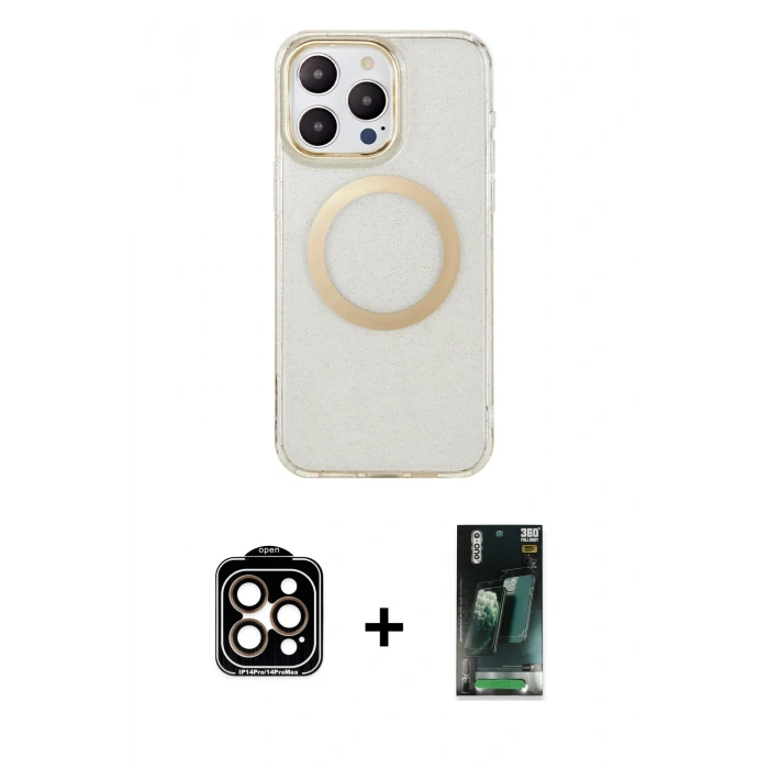 MARSİLYAN™- iPhone 14 Pro Max Kılıf Pusula Form - Şeffaf 360 Full Body Arka Koruyucu + PVD Metal Kamera Lens - TU