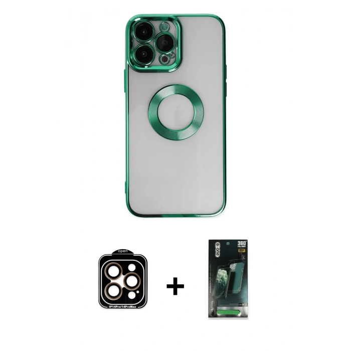 MARSİLYAN™- iPhone 14 Pro Max Kılıf Pusula Form - Şeffaf 360 Full Body Arka Koruyucu + PVD Metal Kamera Lens - TU