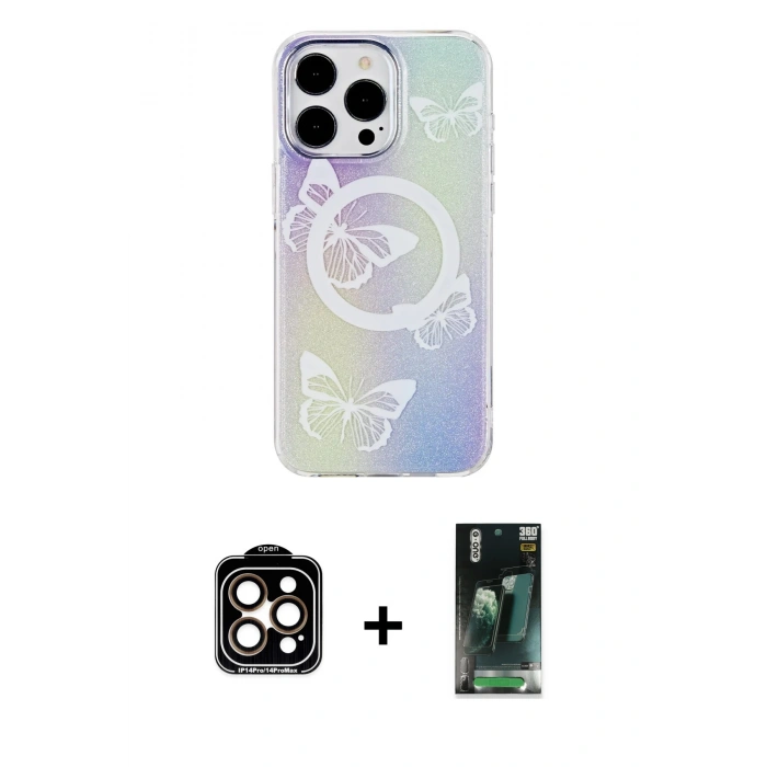 MARSİLYAN™- iPhone 14 Pro Max Kılıf Pusula Form - Şeffaf 360 Full Body Arka Koruyucu + PVD Metal Kamera Lens - TU