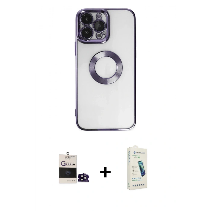 MARSİLYAN™- iPhone 14 Pro Max Kılıf Pusula Form - Şeffaf Pasifik Cam Ekran Koruyucu + Bilvis Titan Kamera Lens - SH