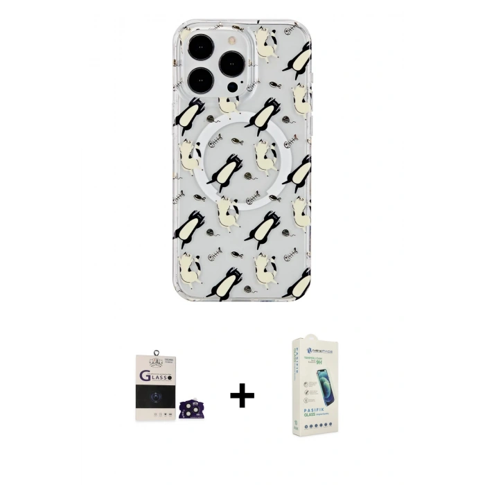 MARSİLYAN™- iPhone 14 Pro Max Kılıf Pusula Form - Şeffaf Pasifik Cam Ekran Koruyucu + Derin Mor Bilvis Titan Kamera Lens