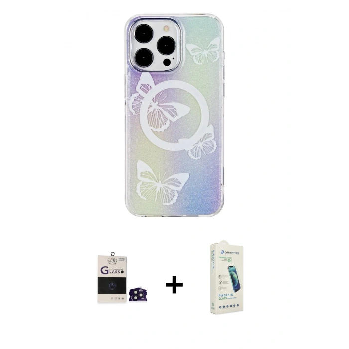 MARSİLYAN™- iPhone 14 Pro Max Kılıf Pusula Form - Şeffaf Pasifik Cam Ekran Koruyucu + Derin Mor Bilvis Titan Kamera Lens