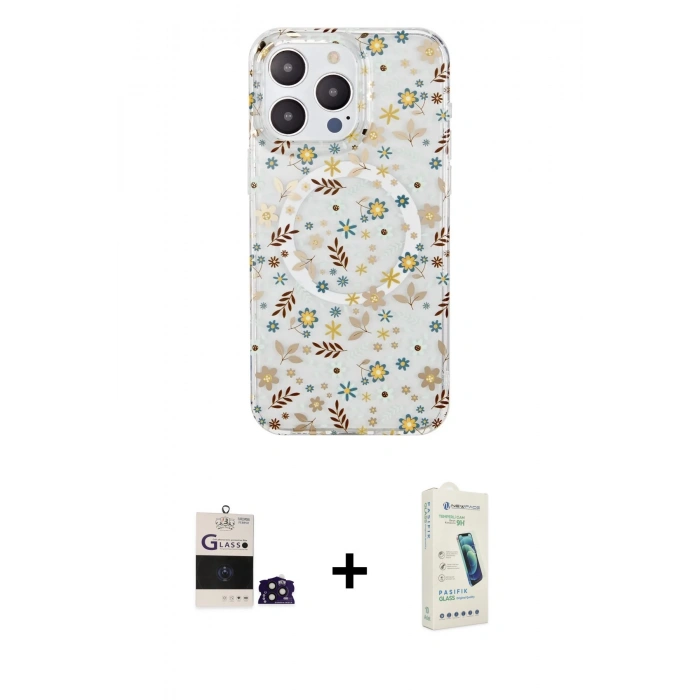 MARSİLYAN™- iPhone 14 Pro Max Kılıf Pusula Form - Şeffaf Pasifik Cam Ekran Koruyucu + Derin Mor Bilvis Titan Kamera Lens