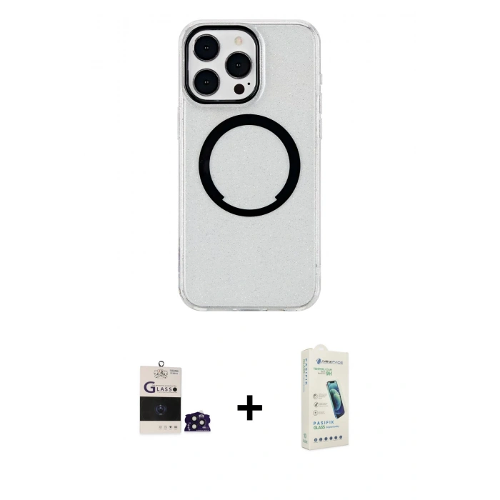 MARSİLYAN™- iPhone 14 Pro Max Kılıf Pusula Form - Şeffaf Pasifik Cam Ekran Koruyucu + Derin Mor Bilvis Titan Kamera Lens