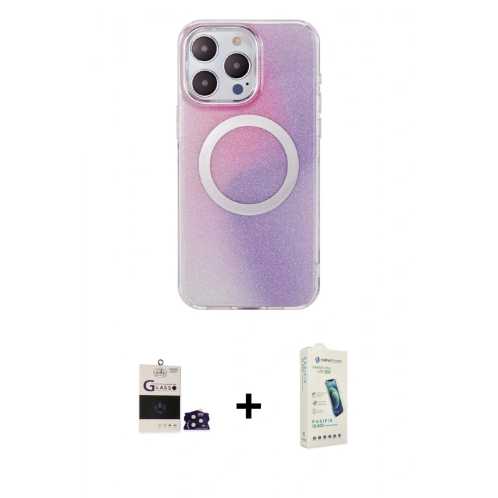 MARSİLYAN™- iPhone 14 Pro Max Kılıf Pusula Form - Şeffaf Pasifik Cam Ekran Koruyucu + Derin Mor Bilvis Titan Kamera Lens