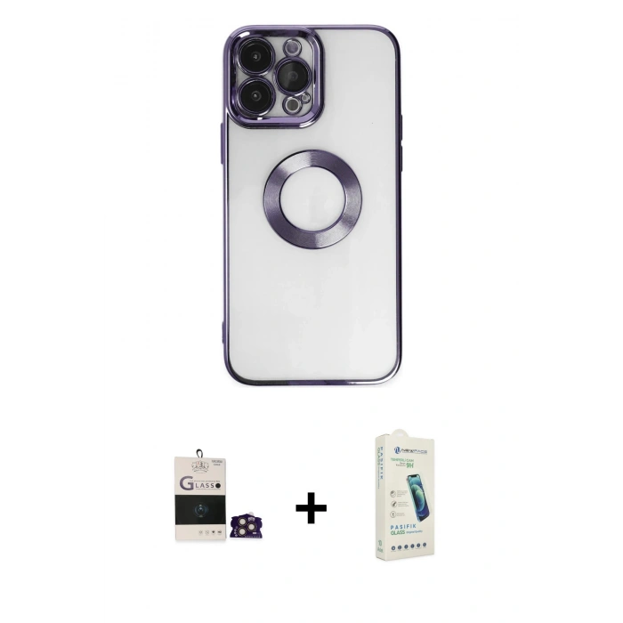 MARSİLYAN™- iPhone 14 Pro Max Kılıf Pusula Form - Şeffaf Pasifik Cam Ekran Koruyucu + Bilvis Titan Kamera Lens - GD