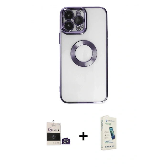 MARSİLYAN™- iPhone 14 Pro Max Kılıf Pusula Form - Şeffaf Pasifik Cam Ekran Koruyucu + Bilvis Titan Kamera Lens - GS