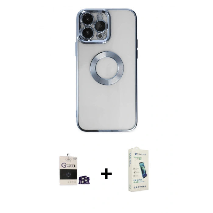 MARSİLYAN™- iPhone 14 Pro Max Kılıf Pusula Form - Şeffaf Pasifik Cam Ekran Koruyucu + Bilvis Titan Kamera Lens - GS
