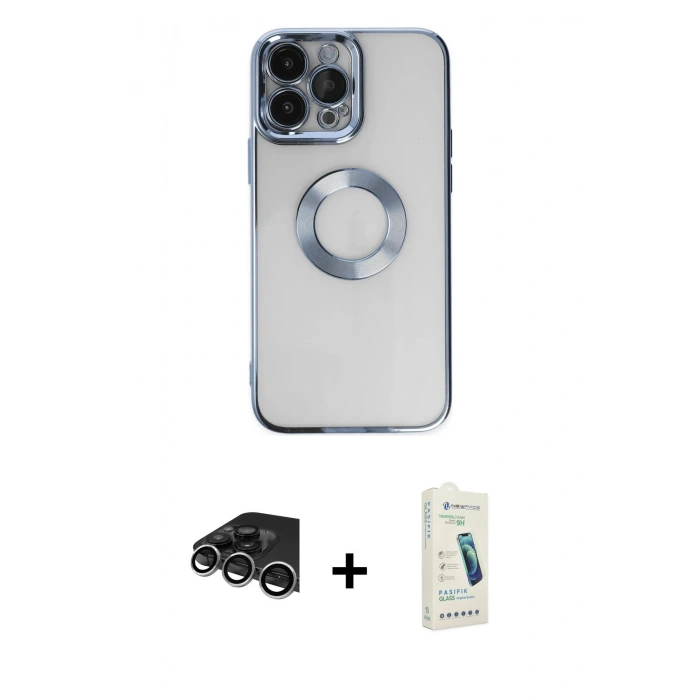 MARSİLYAN™- iPhone 14 Pro Max Kılıf Pusula Form - Şeffaf Pasifik Cam Ekran Koruyucu + Raze Metal Kamera Lens - GS
