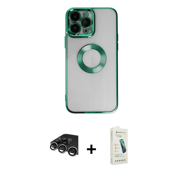 MARSİLYAN™- iPhone 14 Pro Max Kılıf Pusula Form - Şeffaf Pasifik Cam Ekran Koruyucu + Raze Metal Kamera Lens - GS