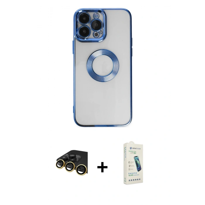 MARSİLYAN™- iPhone 14 Pro Max Kılıf Pusula Form - Şeffaf Pasifik Cam Ekran Koruyucu + Raze Metal Kamera Lens - GD