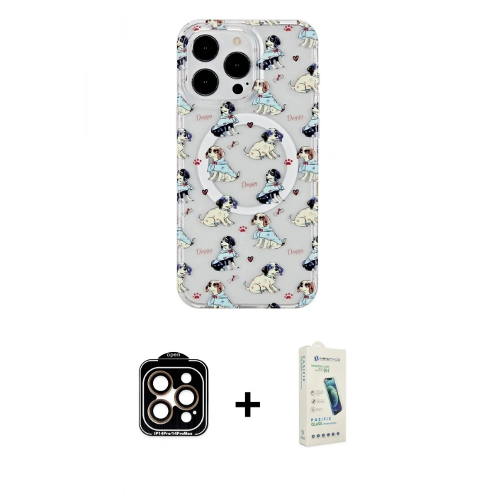 MARSİLYAN™- iPhone 14 Pro Max Kılıf Pusula Form - Şeffaf Pasifik Cam Ekran Koruyucu + PVD Metal Kamera Lens - TU