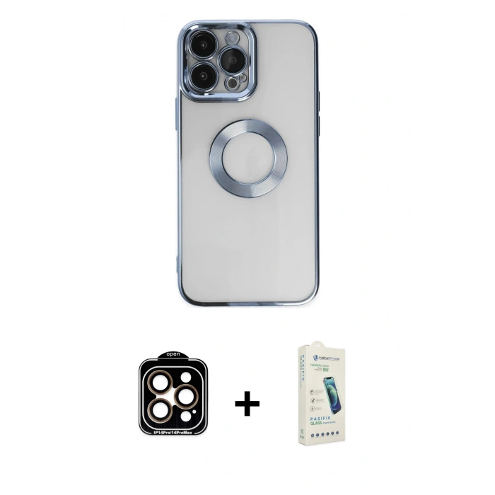 MARSİLYAN™- iPhone 14 Pro Max Kılıf Pusula Form - Şeffaf Pasifik Cam Ekran Koruyucu + PVD Metal Kamera Lens - TU