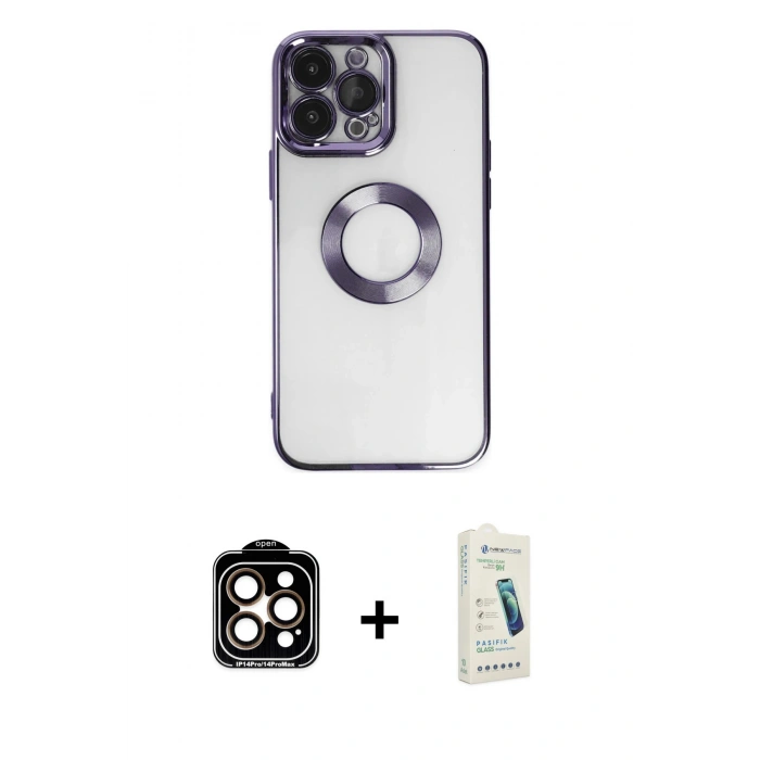 MARSİLYAN™- iPhone 14 Pro Max Kılıf Pusula Form - Şeffaf Pasifik Cam Ekran Koruyucu + PVD Metal Kamera Lens - TU