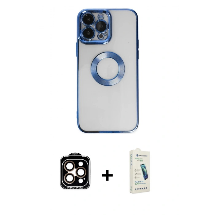 MARSİLYAN™- iPhone 14 Pro Max Kılıf Pusula Form - Şeffaf Pasifik Cam Ekran Koruyucu + PVD Metal Kamera Lens - TU