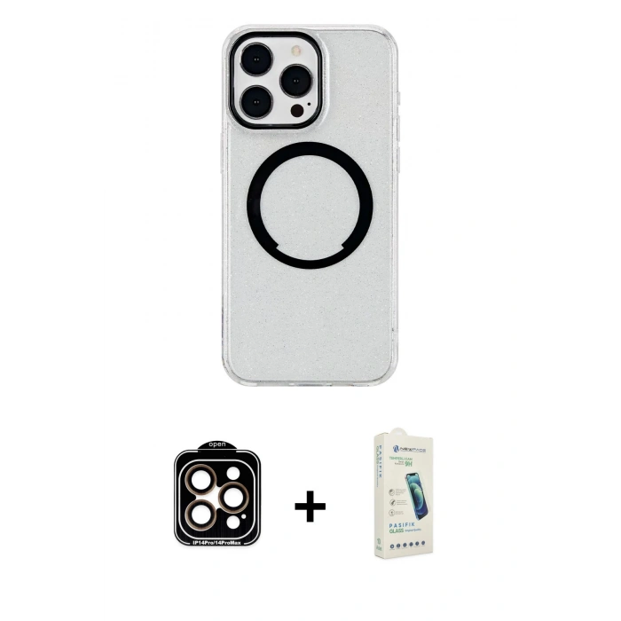 MARSİLYAN™- iPhone 14 Pro Max Kılıf Pusula Form - Şeffaf Pasifik Cam Ekran Koruyucu + PVD Metal Kamera Lens - TU