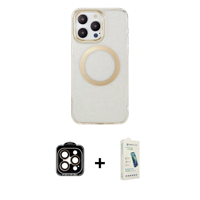 MARSİLYAN™- iPhone 14 Pro Max Kılıf Pusula Form - Şeffaf Pasifik Cam Ekran Koruyucu + PVD Metal Kamera Lens - TU