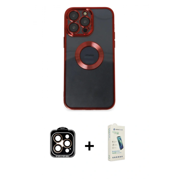 MARSİLYAN™- iPhone 14 Pro Max Kılıf Pusula Form - Şeffaf Pasifik Cam Ekran Koruyucu + PVD Metal Kamera Lens - TU
