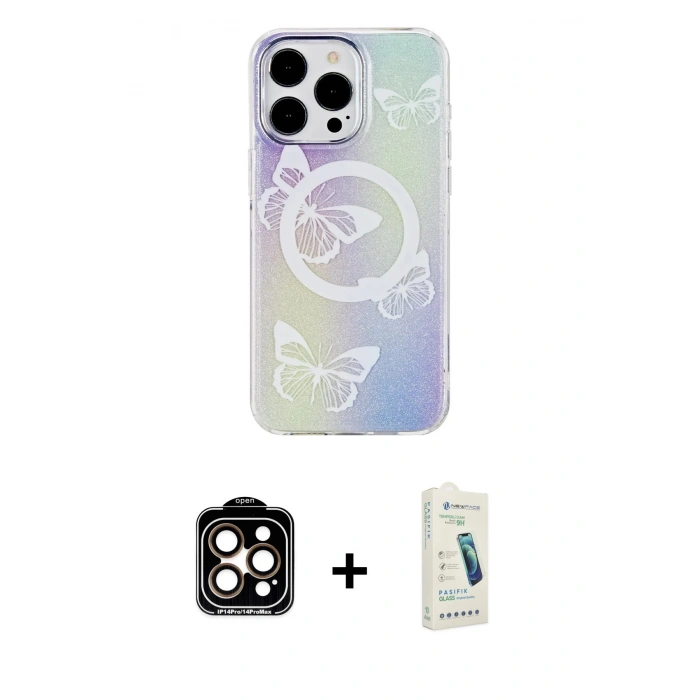 MARSİLYAN™- iPhone 14 Pro Max Kılıf Pusula Form - Şeffaf Pasifik Cam Ekran Koruyucu + PVD Metal Kamera Lens - TU