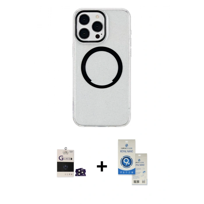 MARSİLYAN™- iPhone 14 Pro Max Kılıf Pusula Form - Şeffaf Royal Nano Ekran Koruyucu + Bilvis Titan Kamera Lens - DNMR