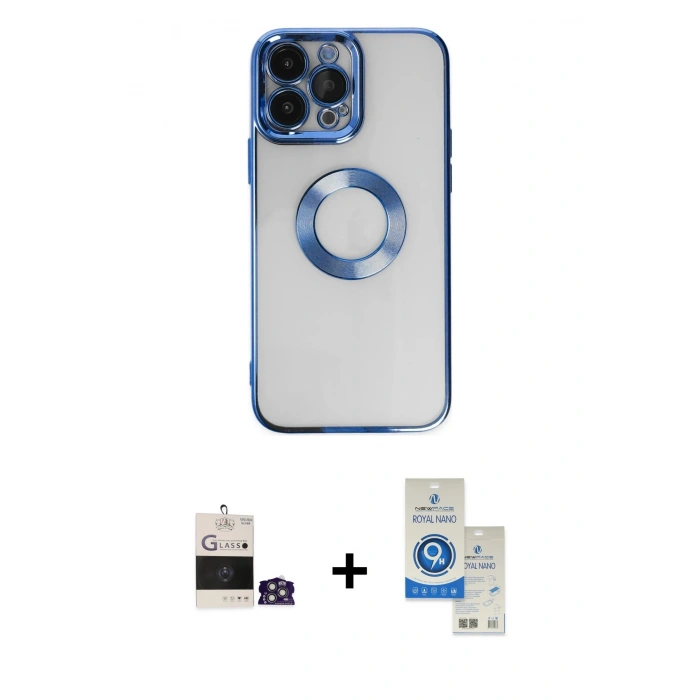 MARSİLYAN™- iPhone 14 Pro Max Kılıf Pusula Form - Şeffaf Royal Nano Ekran Koruyucu + Gümüş Bilvis Titan Kamera Lens