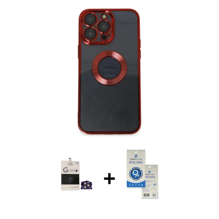 MARSİLYAN™- iPhone 14 Pro Max Kılıf Pusula Form - Şeffaf Royal Nano Ekran Koruyucu + Gümüş Bilvis Titan Kamera Lens