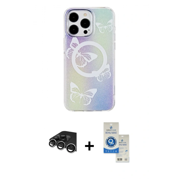 MARSİLYAN™- iPhone 14 Pro Max Kılıf Pusula Form - Şeffaf Royal Nano Ekran Koruyucu + Raze Metal Kamera Lens - GS