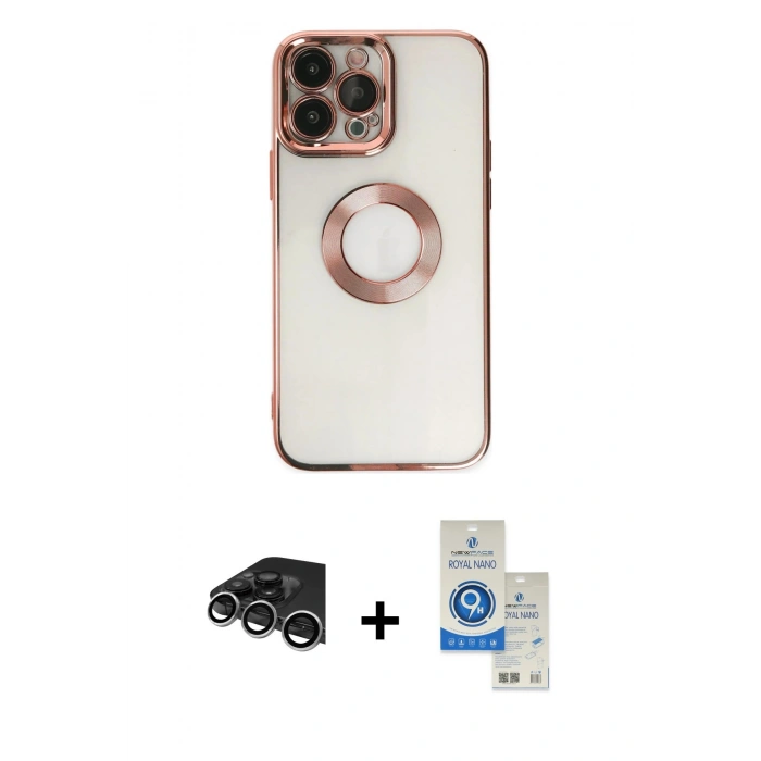 MARSİLYAN™- iPhone 14 Pro Max Kılıf Pusula Form - Şeffaf Royal Nano Ekran Koruyucu + Gümüş Raze Metal Kamera Lens