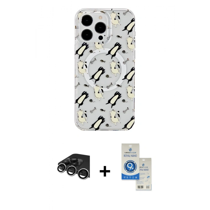 MARSİLYAN™- iPhone 14 Pro Max Kılıf Pusula Form - Şeffaf Royal Nano Ekran Koruyucu + Raze Metal Kamera Lens - GS
