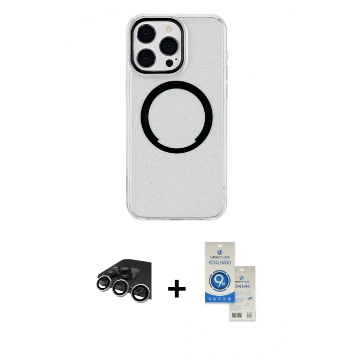 MARSİLYAN™- iPhone 14 Pro Max Kılıf Pusula Form - Şeffaf Royal Nano Ekran Koruyucu + Raze Metal Kamera Lens - GS