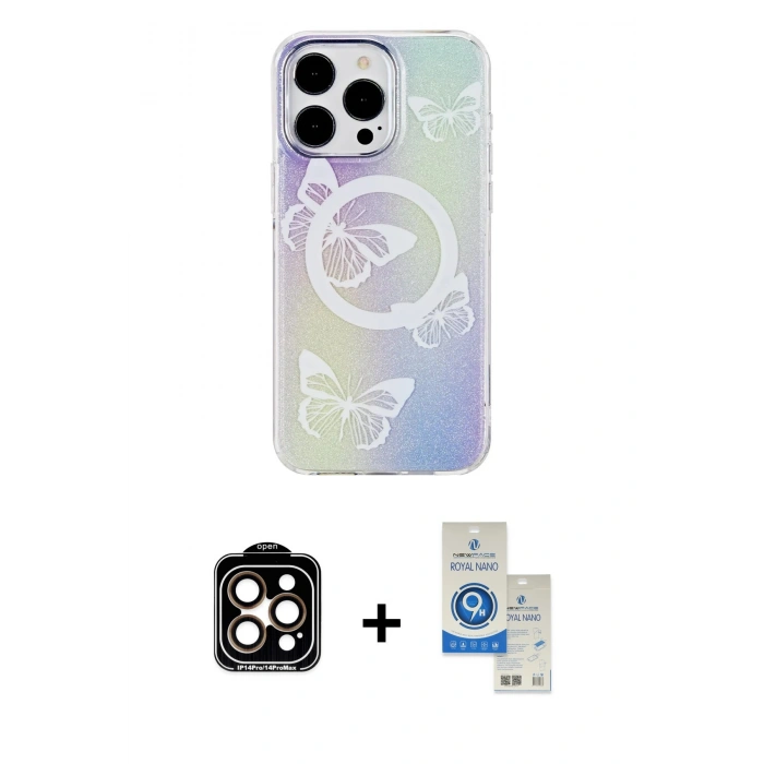 MARSİLYAN™- iPhone 14 Pro Max Kılıf Pusula Form - Şeffaf Royal Nano Ekran Koruyucu + PVD Metal Kamera Lens - TU