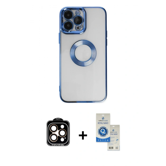 MARSİLYAN™- iPhone 14 Pro Max Kılıf Pusula Form - Şeffaf Royal Nano Ekran Koruyucu + PVD Metal Kamera Lens - TU