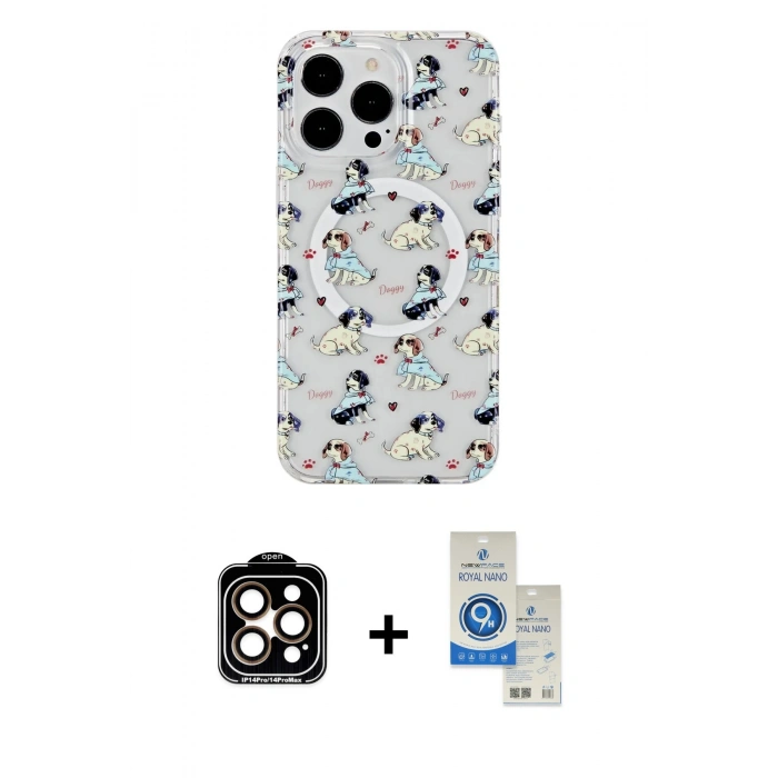 MARSİLYAN™- iPhone 14 Pro Max Kılıf Pusula Form - Şeffaf Royal Nano Ekran Koruyucu + PVD Metal Kamera Lens - TU