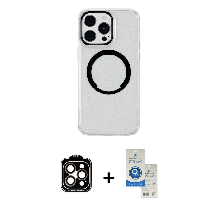 MARSİLYAN™- iPhone 14 Pro Max Kılıf Pusula Form - Şeffaf Royal Nano Ekran Koruyucu + PVD Metal Kamera Lens - TU