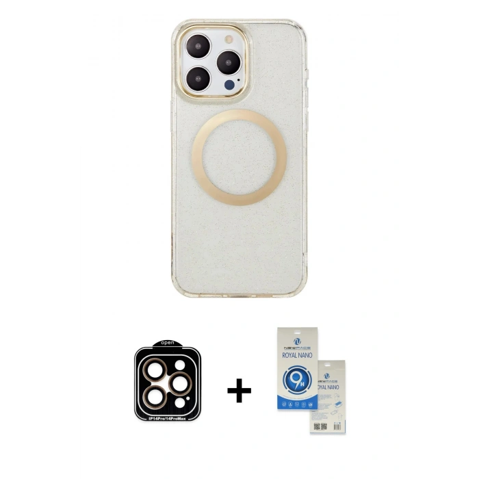 MARSİLYAN™- iPhone 14 Pro Max Kılıf Pusula Form - Şeffaf Royal Nano Ekran Koruyucu + PVD Metal Kamera Lens - TU