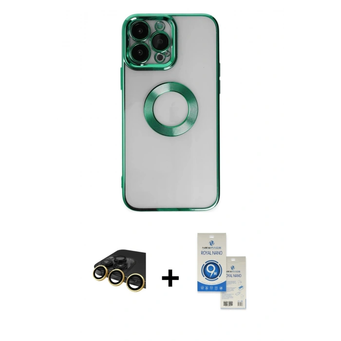 MARSİLYAN™- iPhone 14 Pro Max Kılıf Pusula Form - Şeffaf Royal Nano Ekran Koruyucu + Raze Metal Kamera Lens - GD