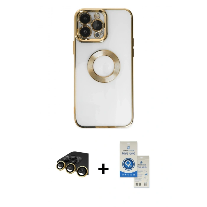 MARSİLYAN™- iPhone 14 Pro Max Kılıf Pusula Form - Şeffaf Royal Nano Ekran Koruyucu + Raze Metal Kamera Lens - GD