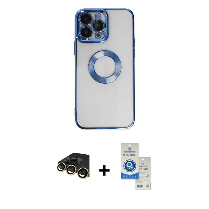 MARSİLYAN™- iPhone 14 Pro Max Kılıf Pusula Form - Şeffaf Royal Nano Ekran Koruyucu + Raze Metal Kamera Lens - GD