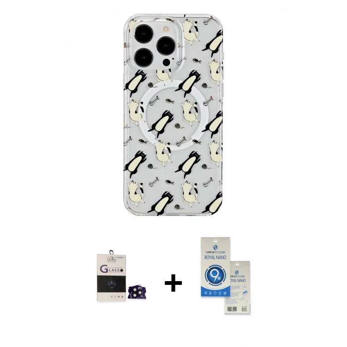 MARSİLYAN™- iPhone 14 Pro Max Kılıf Pusula Form - Şeffaf Royal Nano Ekran Koruyucu + Bilvis Titan Kamera Lens - SH