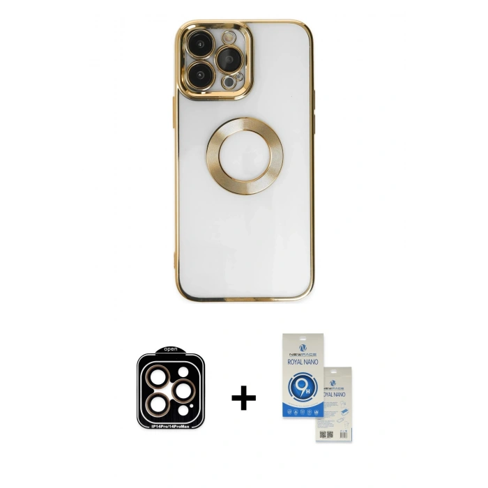 MARSİLYAN™- iPhone 14 Pro Max Kılıf Pusula Form - Şeffaf Royal Nano Ekran Koruyucu + PVD Metal Kamera Lens - TU