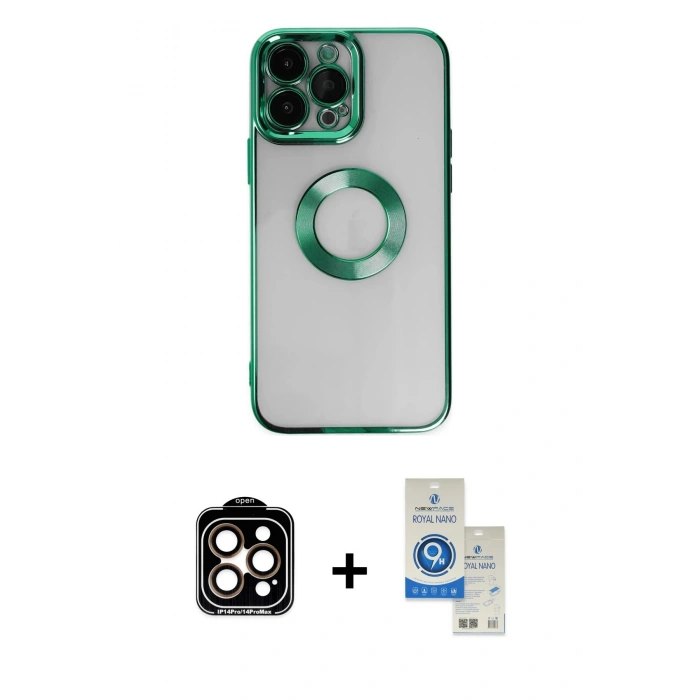 MARSİLYAN™- iPhone 14 Pro Max Kılıf Pusula Form - Şeffaf Royal Nano Ekran Koruyucu + PVD Metal Kamera Lens - TU