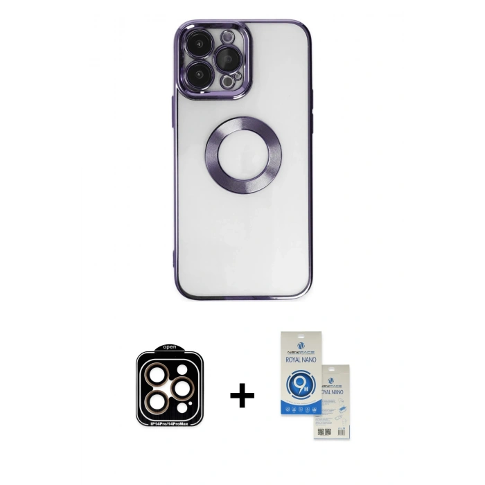 MARSİLYAN™- iPhone 14 Pro Max Kılıf Pusula Form - Şeffaf Royal Nano Ekran Koruyucu + PVD Metal Kamera Lens - TU