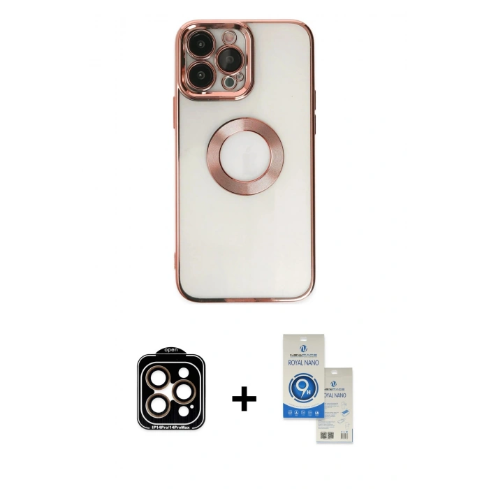 MARSİLYAN™- iPhone 14 Pro Max Kılıf Pusula Form - Şeffaf Royal Nano Ekran Koruyucu + PVD Metal Kamera Lens - TU