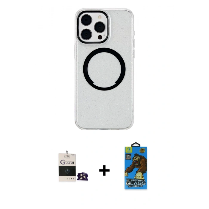 MARSİLYAN™- iPhone 14 Pro Max Kılıf Pusula Form - Siyah 18D Cam Ekran Koruyucu + Bilvis Titan Kamera Lens - GD